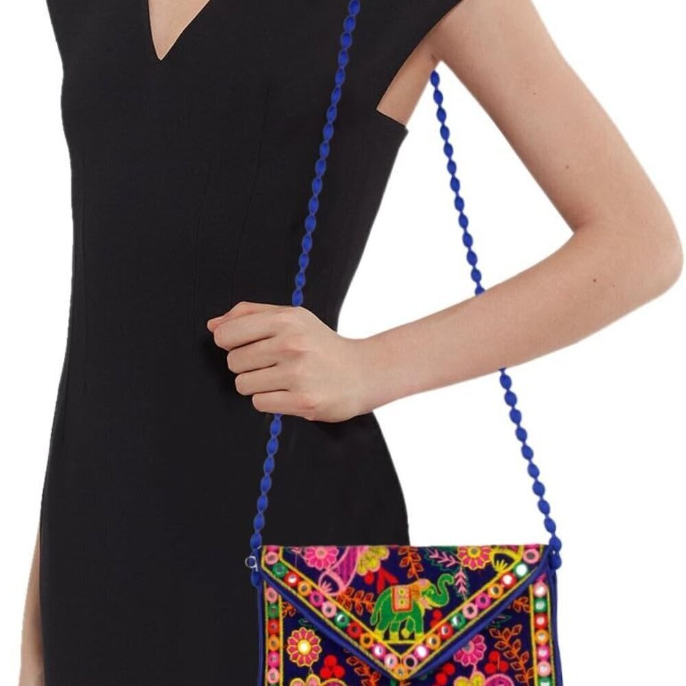Elephant Sling Bag Cotton Handcrafted Clutch Crossbody Women Girls Blue - Picture 6 of 6